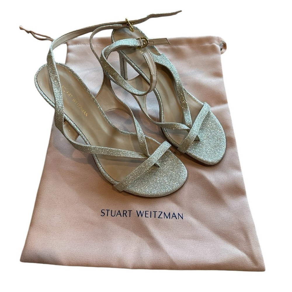 Stuart Weitzman ALIGN 95 Silver Sparkle Strappy Heels | Minimalist Nudist Style